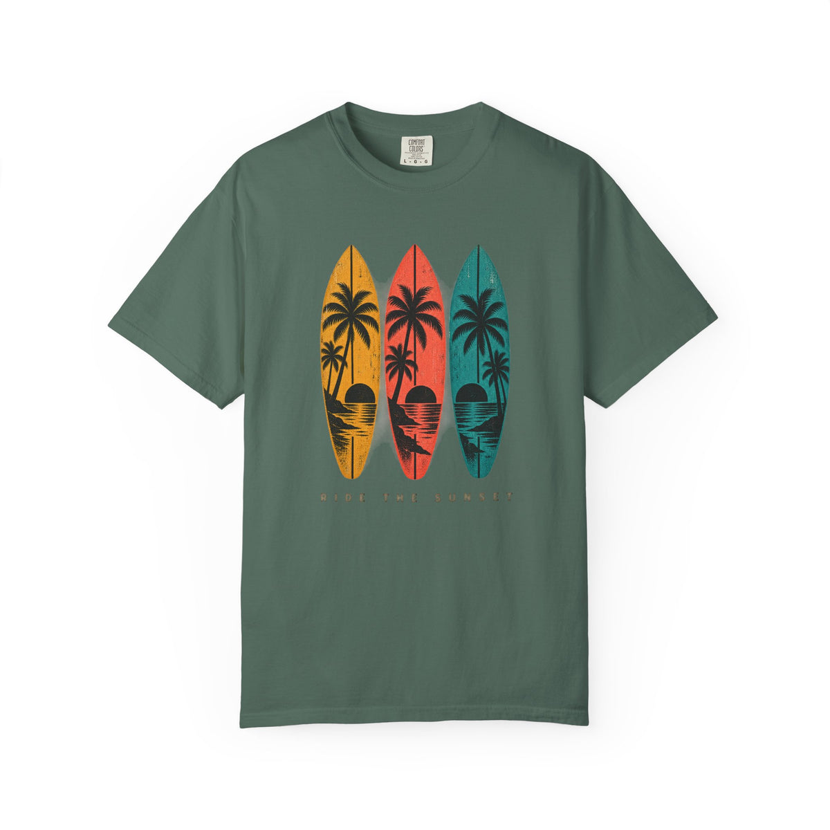 Ride The Sunset Tee | Retro Surfboard Palm Shirt | Vintage Surf T-Shirt | Comfort Colors Gift