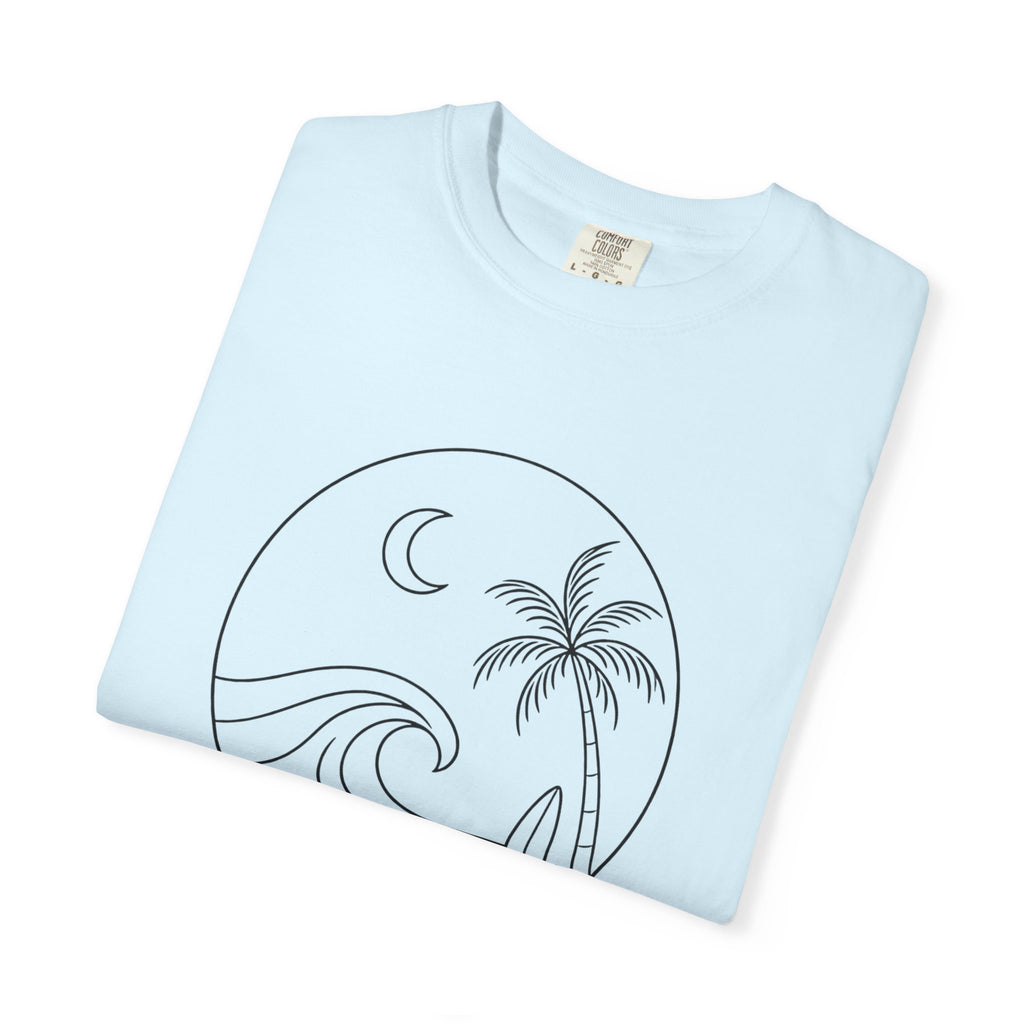 Moonlit Surf Line Art T-Shirt | Palm Tree Wave Circle Design