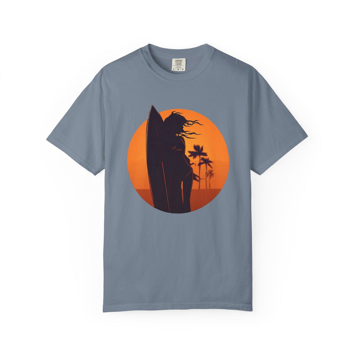 Sunset Surf Girl Tee | Retro Surfer Silhouette Shirt | Palm Tree Sunset Beach T-Shirt | Comfort Colors