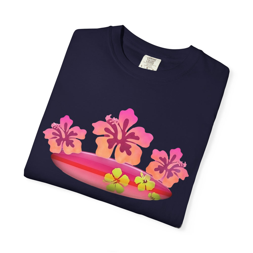 Hibiscus Surfboard Tee | Pink Hibiscus Surf Shirt | Tropical Surfer Girl T-Shirt | Comfort Colors