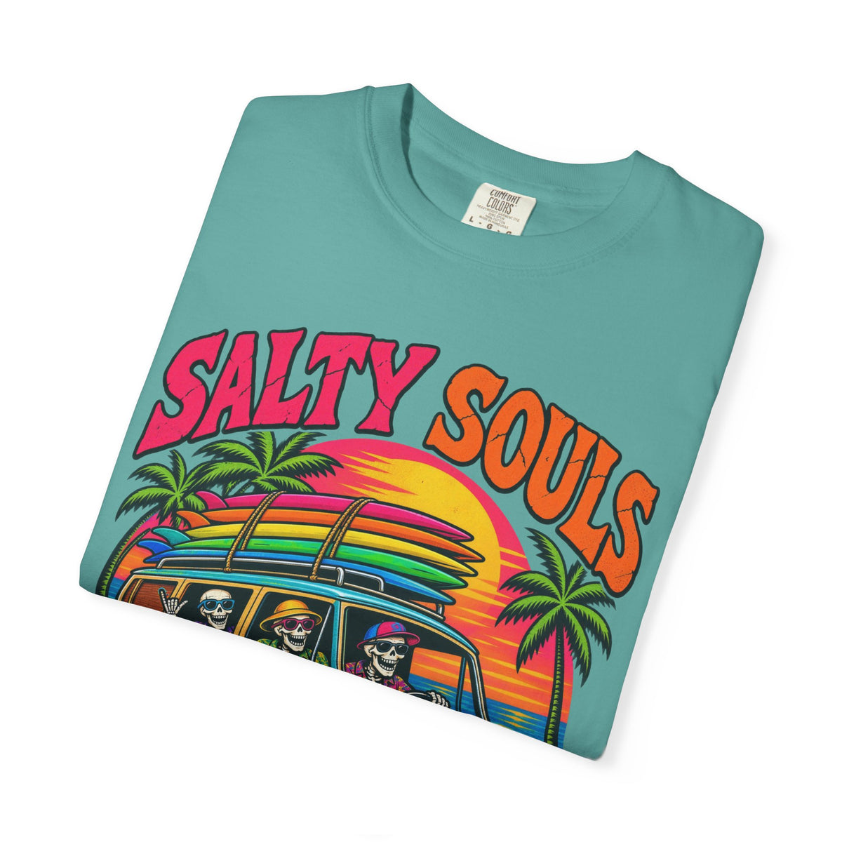 Salty Souls Never Sleep Tee | Skeleton Surf Van Shirt | Funny Retro Surf T-Shirt | Comfort Colors