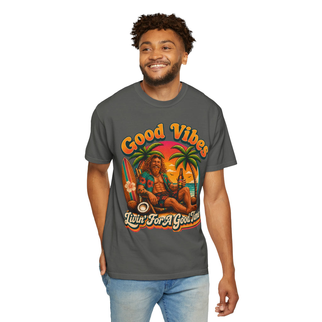 Good Vibes Surfer Graphic T-shirt | Retro Beach Sunset, Palm Trees