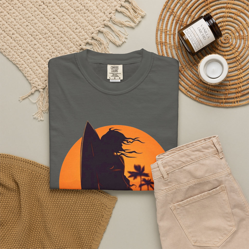 Sunset Surf Girl Tee | Retro Surfer Silhouette Shirt | Palm Tree Sunset Beach T-Shirt | Comfort Colors