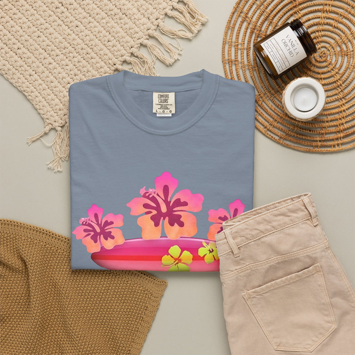 Hibiscus Surfboard Tee | Pink Hibiscus Surf Shirt | Tropical Surfer Girl T-Shirt | Comfort Colors