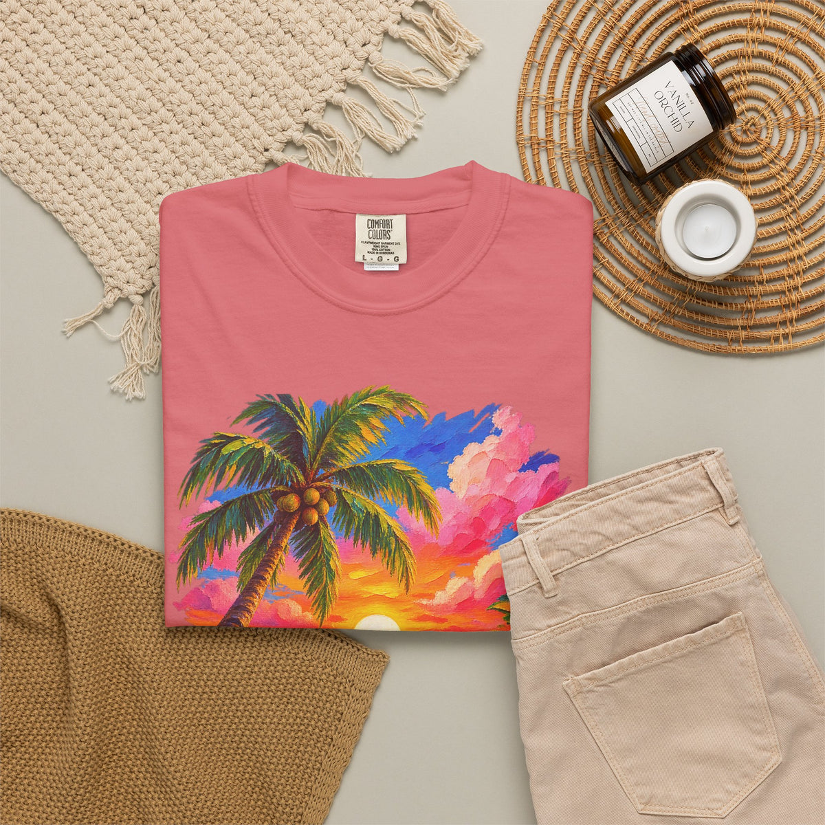 Hibiscus Sunset Ocean Shirt | Painted Tropical Seascape Tee | Comfort Colors T-Shirt
