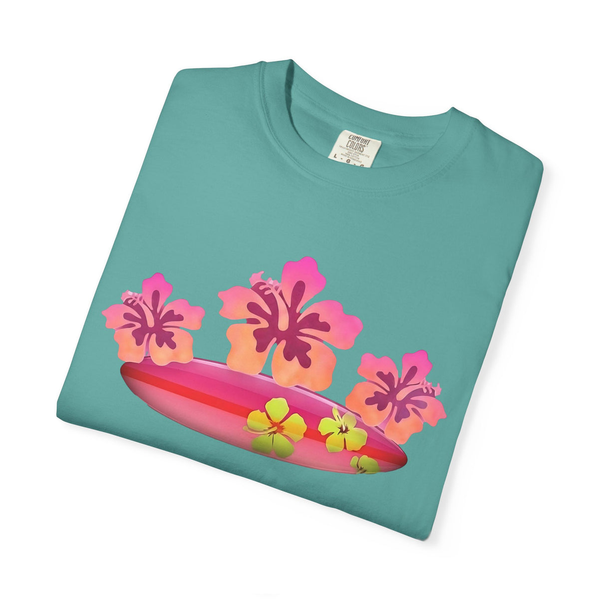 Hibiscus Surfboard Tee | Pink Hibiscus Surf Shirt | Tropical Surfer Girl T-Shirt | Comfort Colors