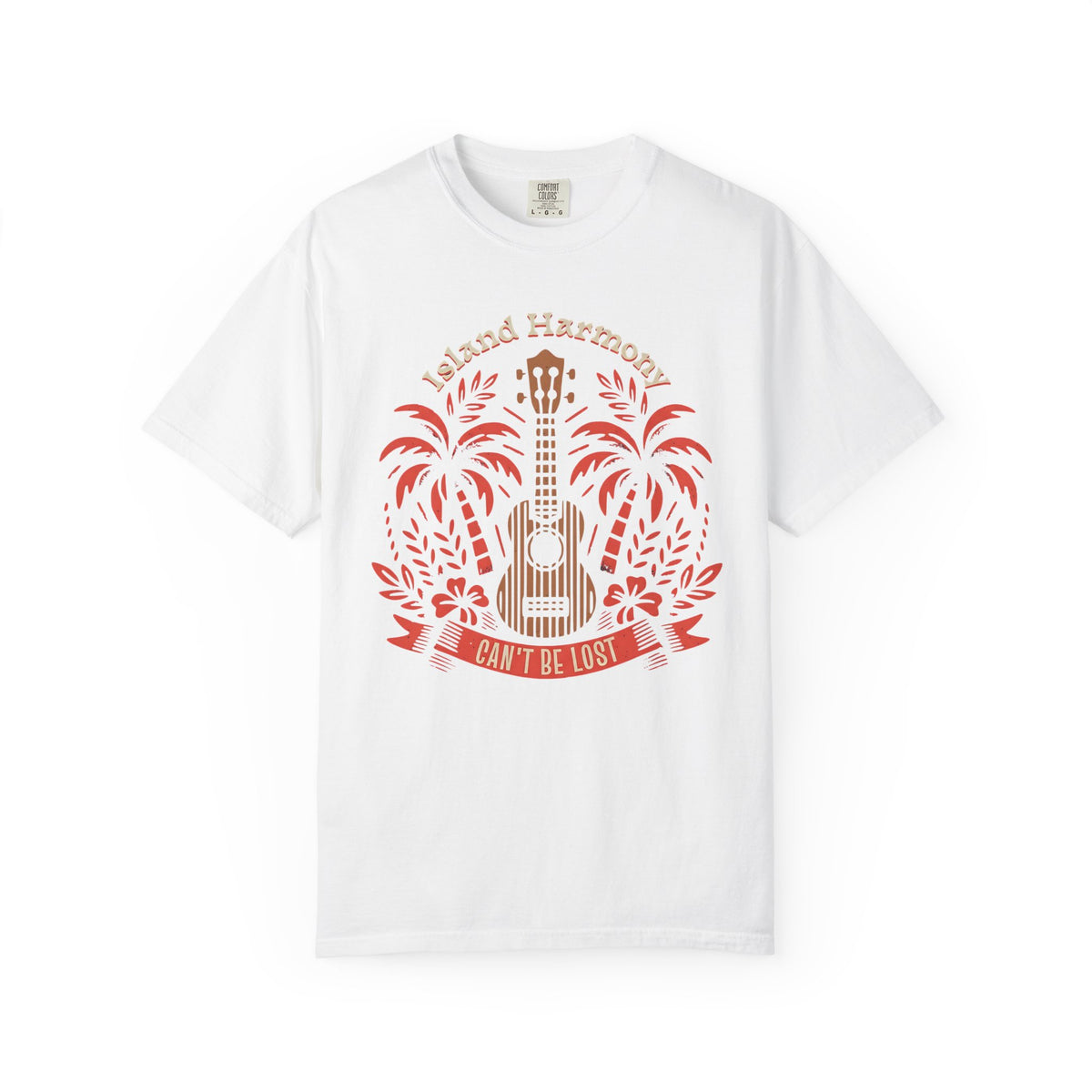 Island Harmony Guitar Tee | Can't Be Lost palm tree ukulele design