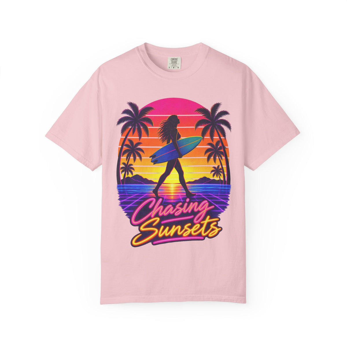 Chasing Sunsets Tee | Synthwave Sunset Surf Girl Shirt | Retro Palm T-Shirt | Comfort Colors