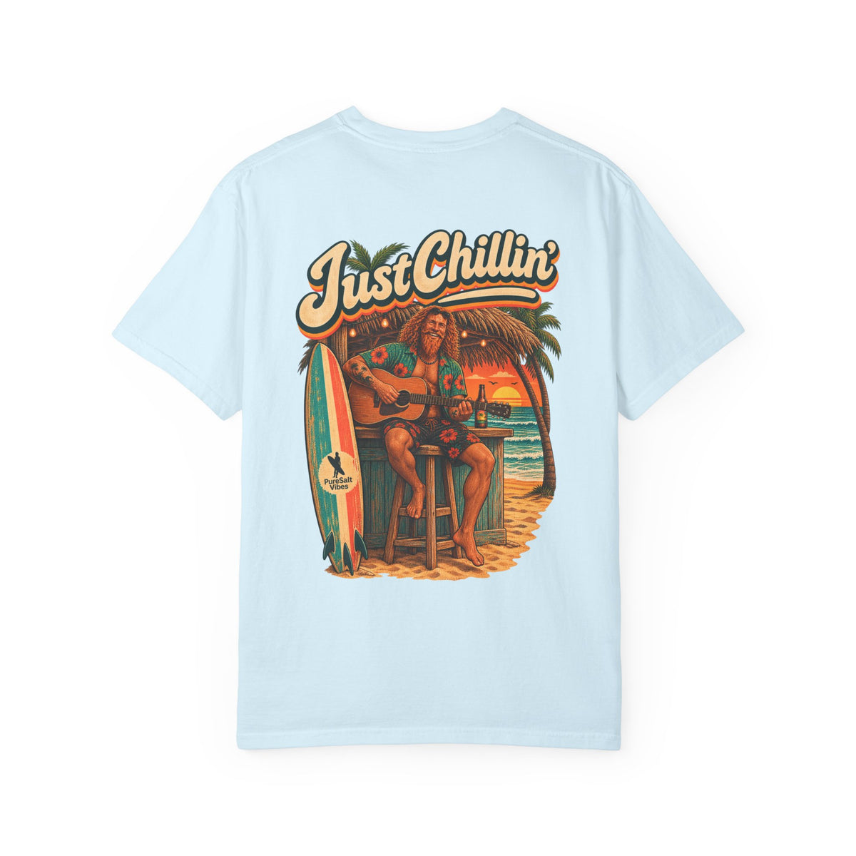 Just Chillin' Surf T-Shirt — Retro Beach Vibes with Guitarist Graphic