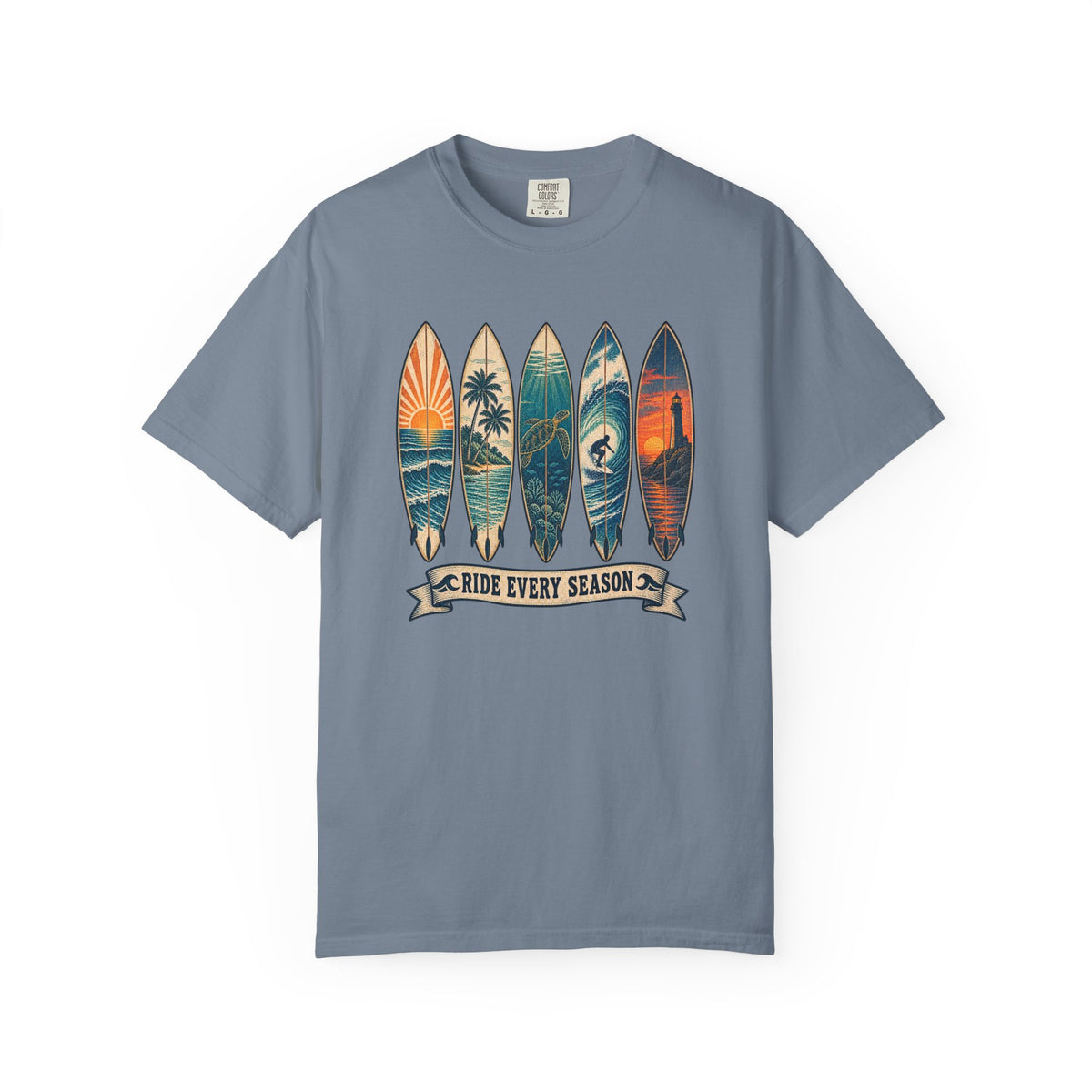 Ride Every Season Tee | Vintage Surfboard Art Shirt | Retro Surf T-Shirt | Comfort Colors Gift