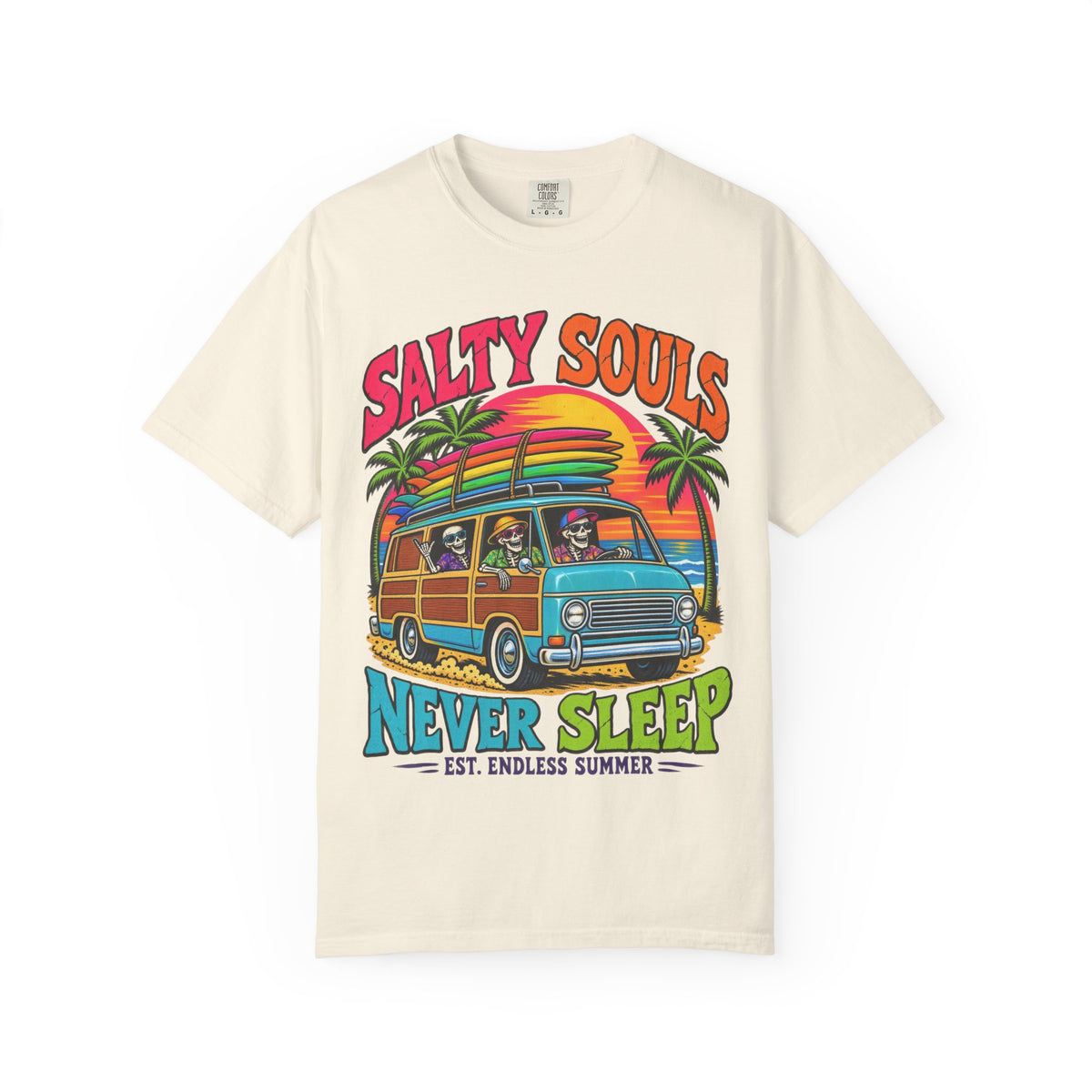 Salty Souls Never Sleep Tee | Skeleton Surf Van Shirt | Funny Retro Surf T-Shirt | Comfort Colors