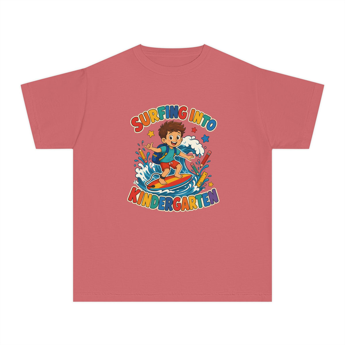 Surfing Into Kindergarten Kids Tee | Kindergarten Surf Shirt | Youth Beach T-Shirt | Surf Kid Gift