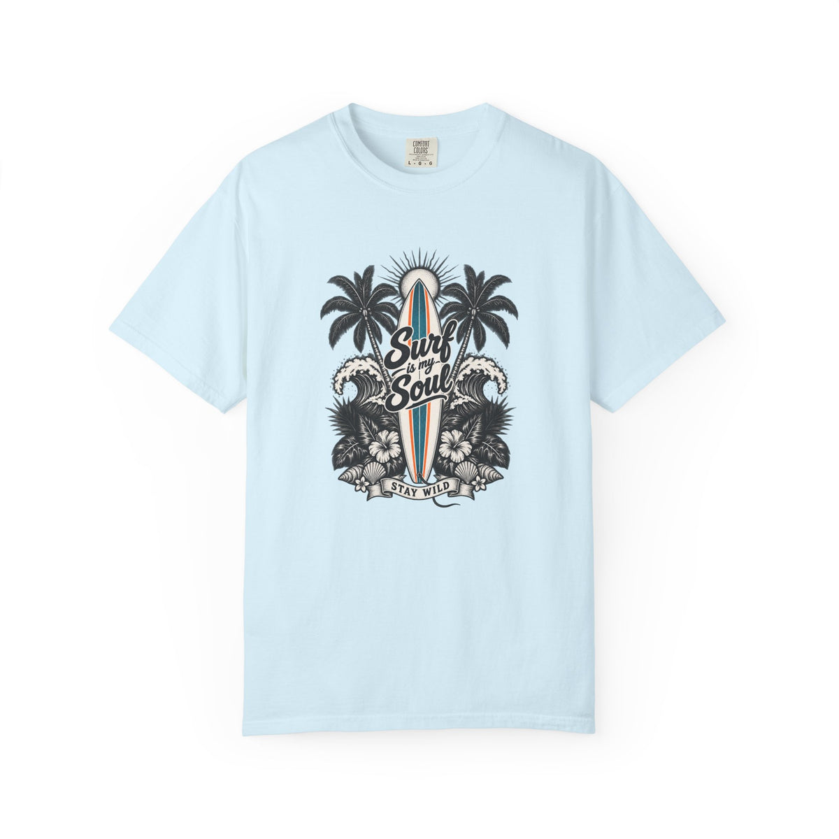 Surf Is My Soul Tee | Black & White Line Art Surf Shirt | Tropical Surfboard T-Shirt | Comfort Colors Gift