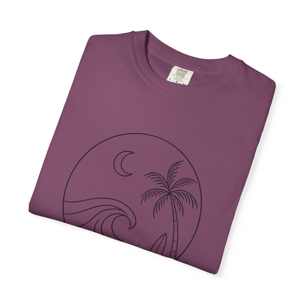 Moonlit Surf Line Art T-Shirt | Palm Tree Wave Circle Design