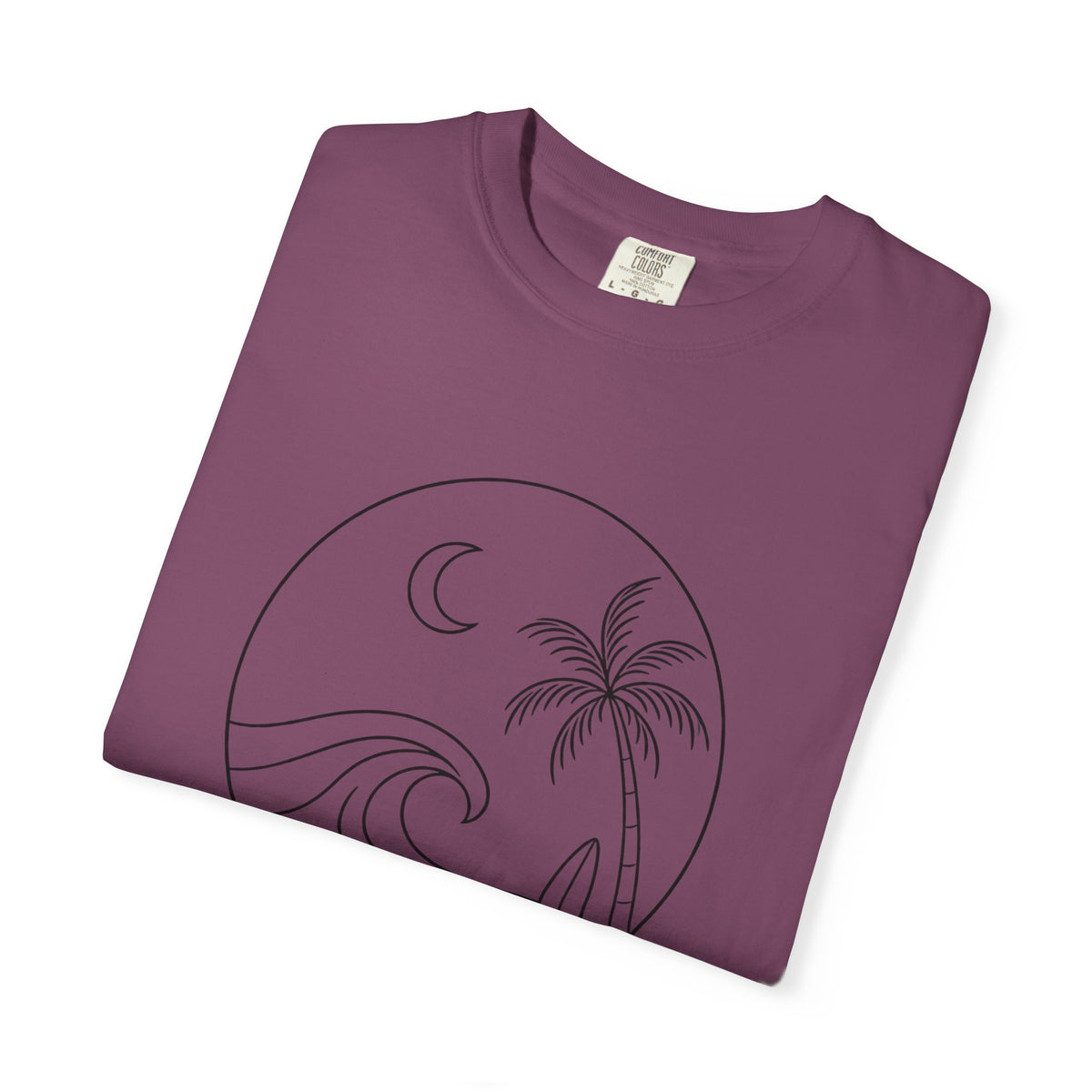 Moonlit Surf Line Art T-Shirt | Palm Tree Wave Circle Design