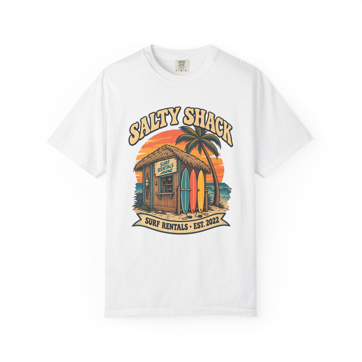 Salty Shack Surf Rentals Tee | Vintage Beach Hut Surf Shirt | Retro Surf Shop T-Shirt | Comfort Colors