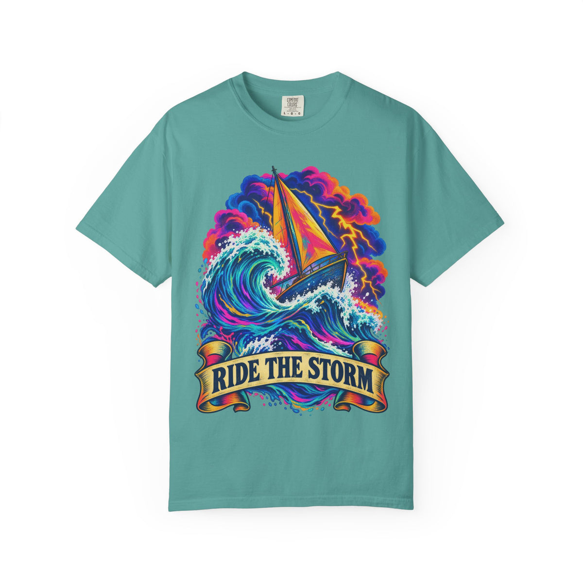 Ride The Storm Tee | Sailboat Big Wave Shirt | Bold Ocean Art T-Shirt | Comfort Colors