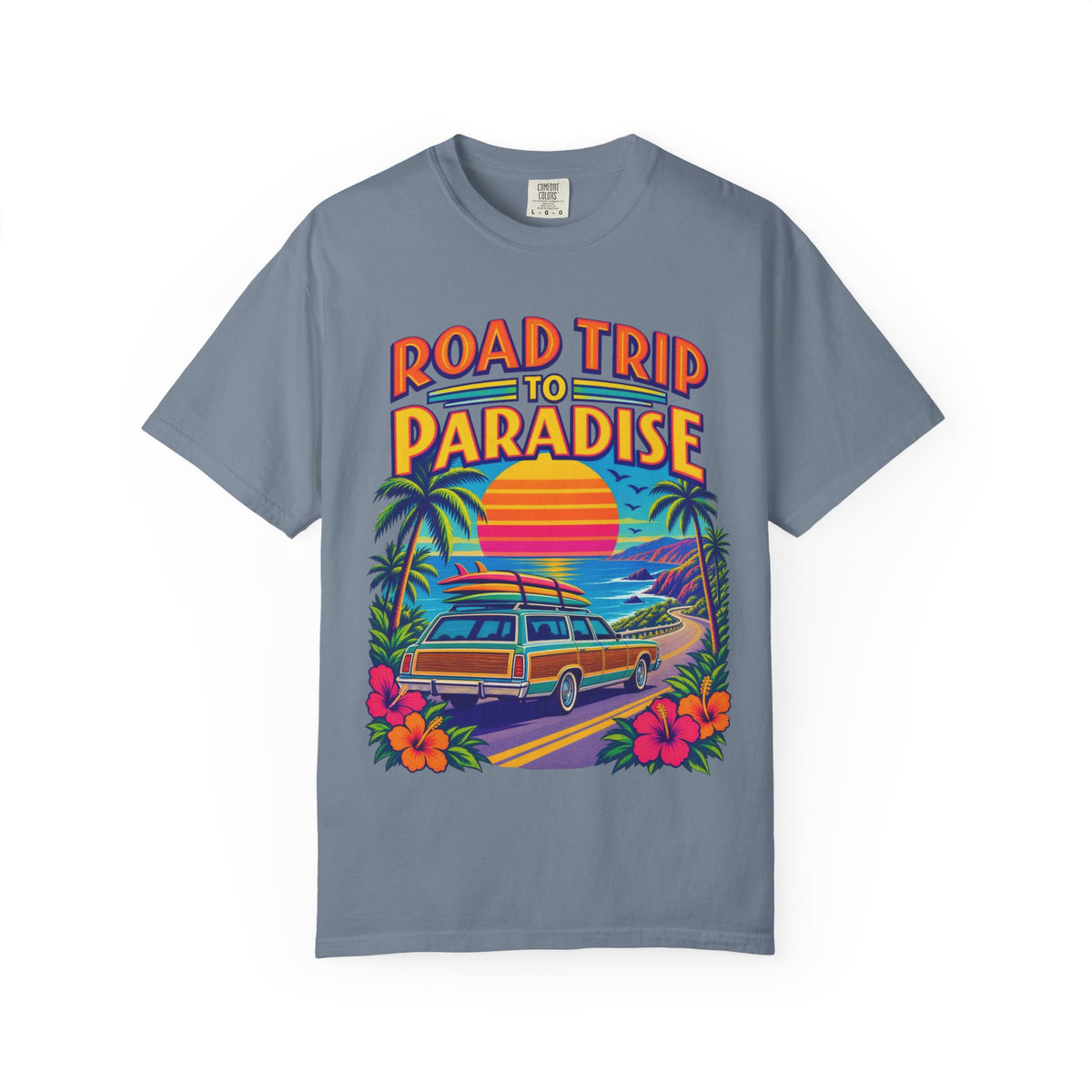 Road Trip To Paradise Tee | Retro Woodie Wagon Surf Shirt | Vintage Travel Poster T-Shirt | Comfort Colors