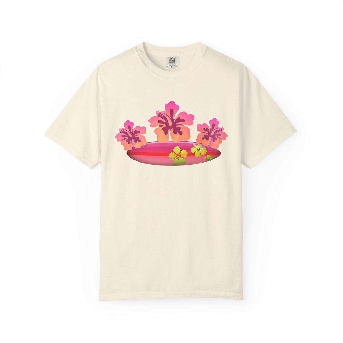 Hibiscus Surfboard Tee | Pink Hibiscus Surf Shirt | Tropical Surfer Girl T-Shirt | Comfort Colors