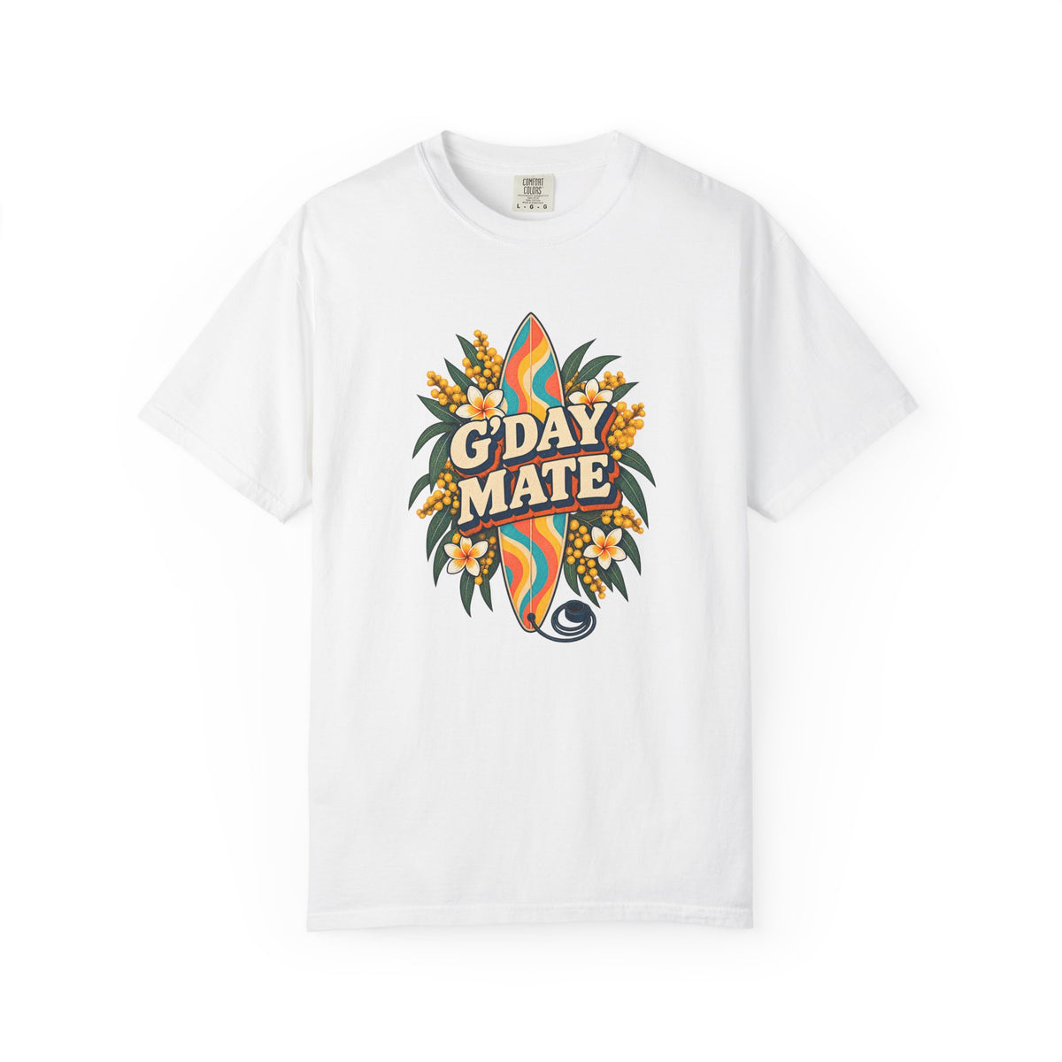 G'Day Mate Tee | Australian Wattle Surfboard Shirt | Retro Aussie T-Shirt | Comfort Colors Gift
