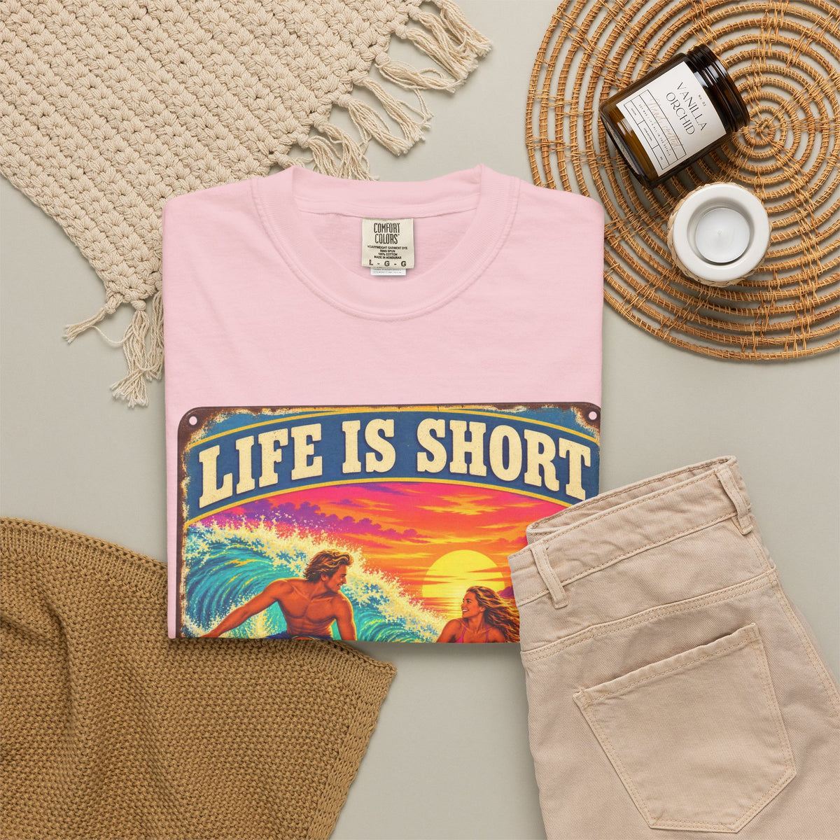 Life Is Short Paddle Out Together Tee | Surf Couple Tin Sign Shirt | Retro Sunset Wave T-Shirt | Comfort Colors