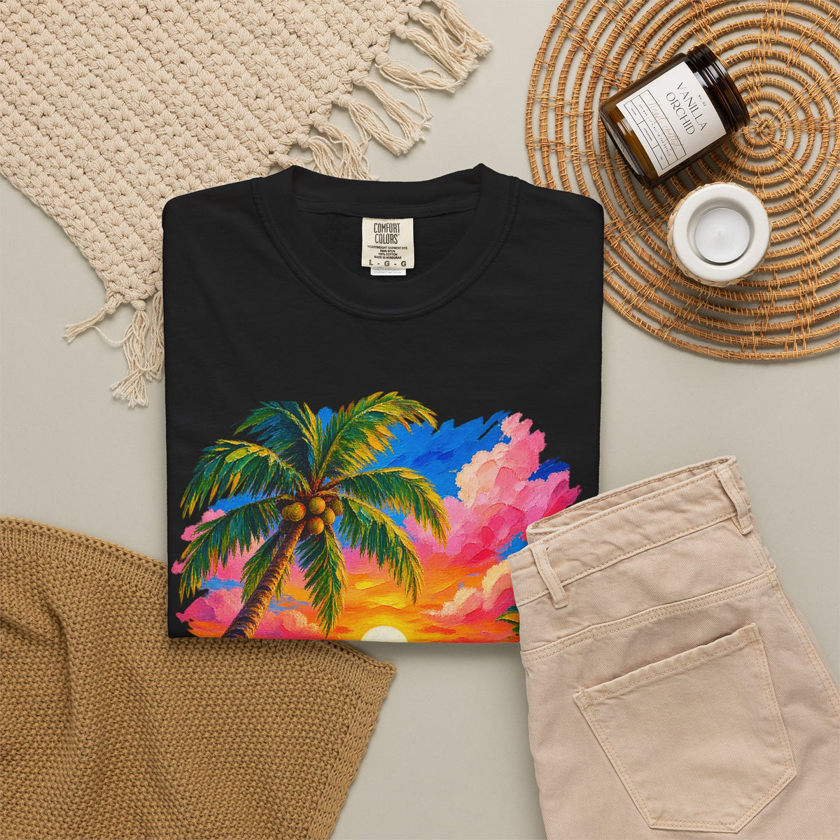 Hibiscus Sunset Ocean Shirt | Painted Tropical Seascape Tee | Comfort Colors T-Shirt