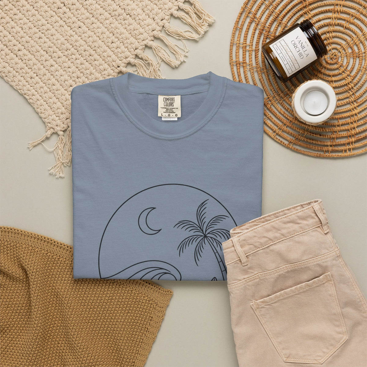 Moonlit Surf Line Art T-Shirt | Palm Tree Wave Circle Design