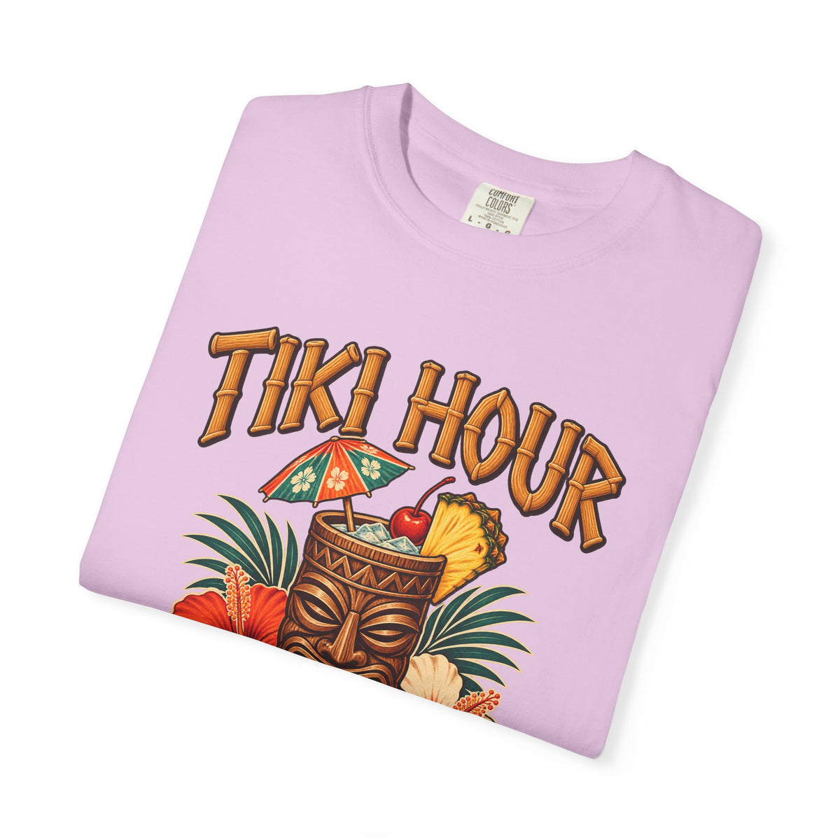 Tiki Hour Never Ends Tee | Tiki Bar Cocktail Shirt | Tropical Hawaiian T-Shirt | Comfort Colors Blue Jean
