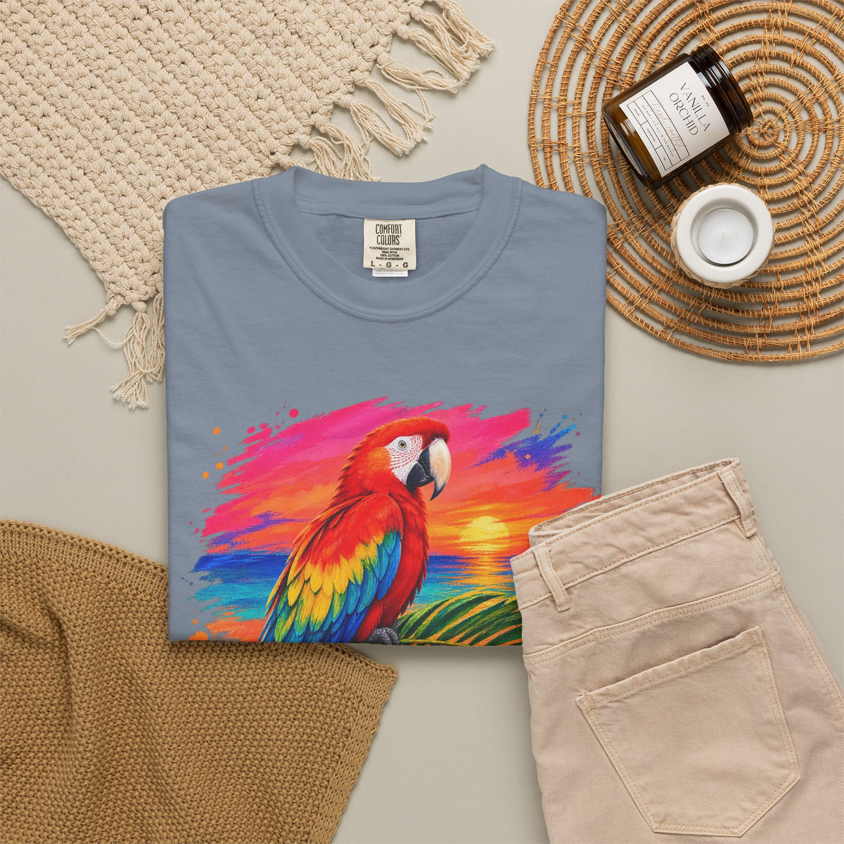 Macaw Parrot Sunset Shirt | Tropical Bird Hibiscus Tee | Comfort Colors T-Shirt