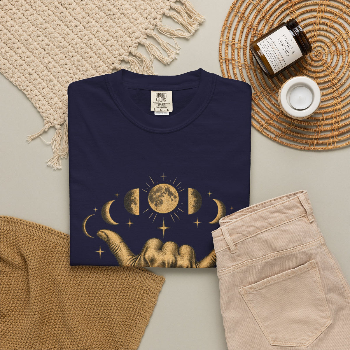 Shaka Moon Phases Shirt | Celestial Shaka Hand Tee | Comfort Colors T-Shirt