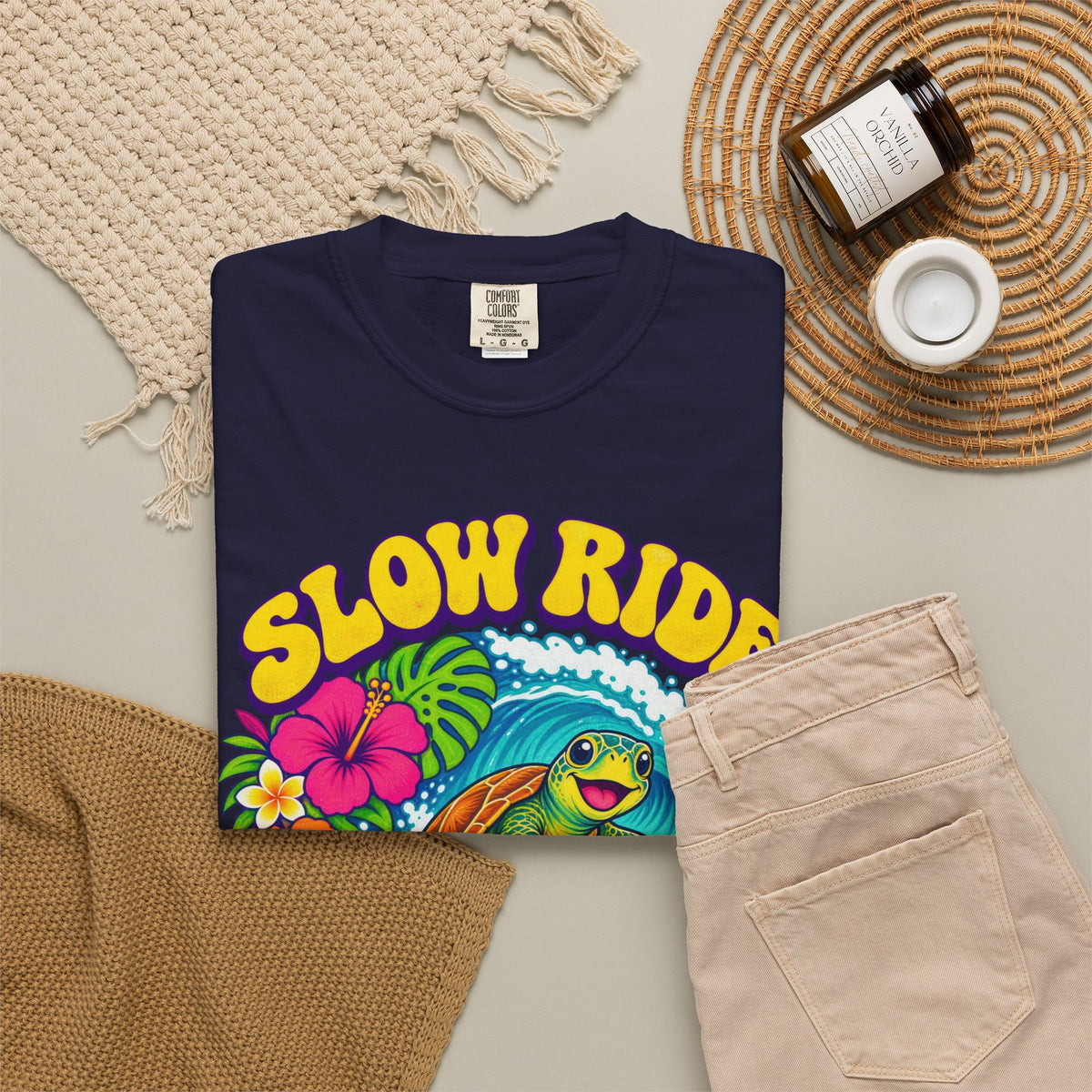 Slow Ride Good Tide Tee | Sea Turtle Surf Shirt | Groovy 70s Beach T-Shirt | Comfort Colors