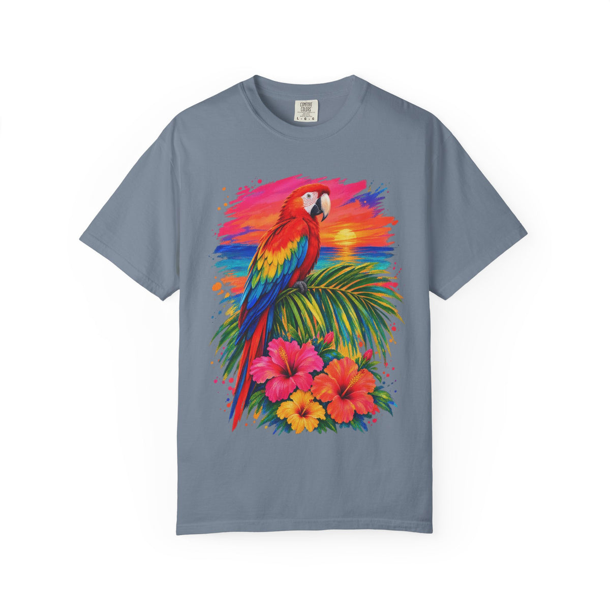 Macaw Parrot Sunset Shirt | Tropical Bird Hibiscus Tee | Comfort Colors T-Shirt