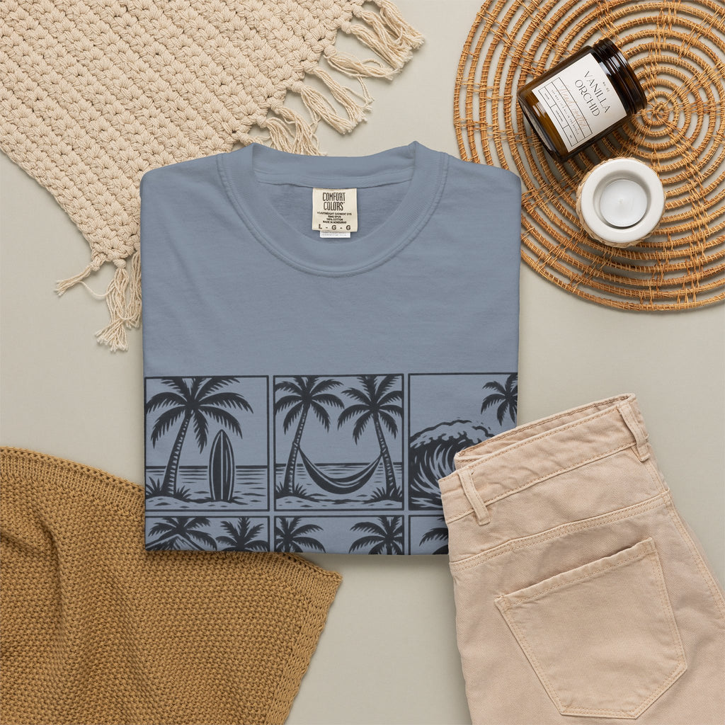 Woodcut Palm Grid Shirt | Tropical Surf Tiles Tee | Comfort Colors T-Shirt