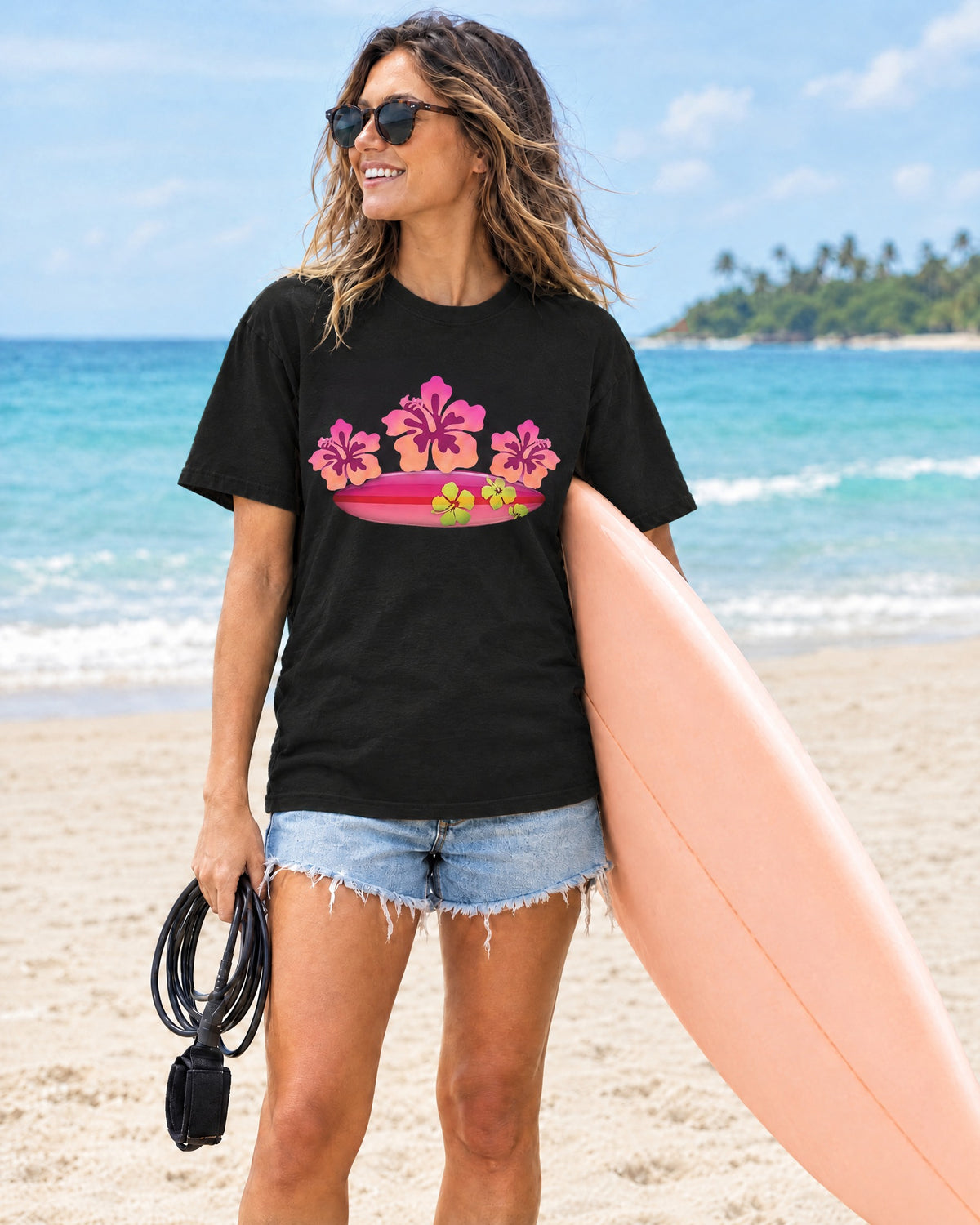 Hibiscus Surfboard Tee | Pink Hibiscus Surf Shirt | Tropical Surfer Girl T-Shirt | Comfort Colors