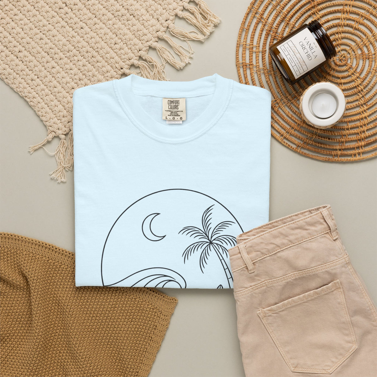 Moonlit Surf Line Art T-Shirt | Palm Tree Wave Circle Design