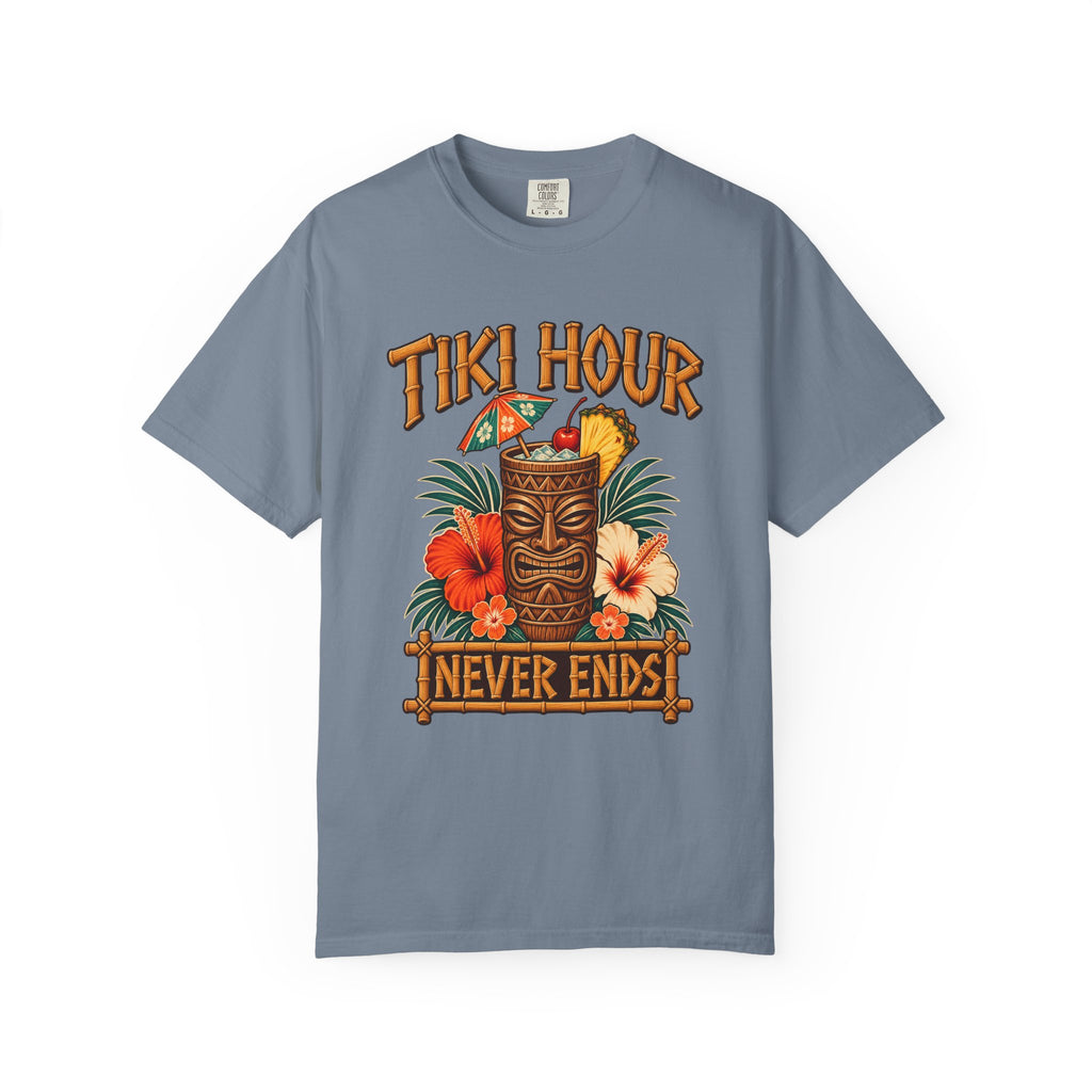 Tiki Hour Never Ends Tee | Tiki Bar Cocktail Shirt | Tropical Hawaiian T-Shirt | Comfort Colors Blue Jean