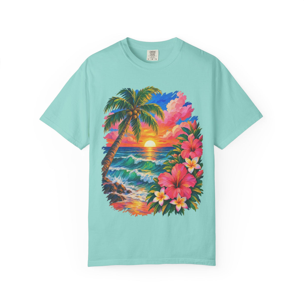Hibiscus Sunset Ocean Shirt | Painted Tropical Seascape Tee | Comfort Colors T-Shirt