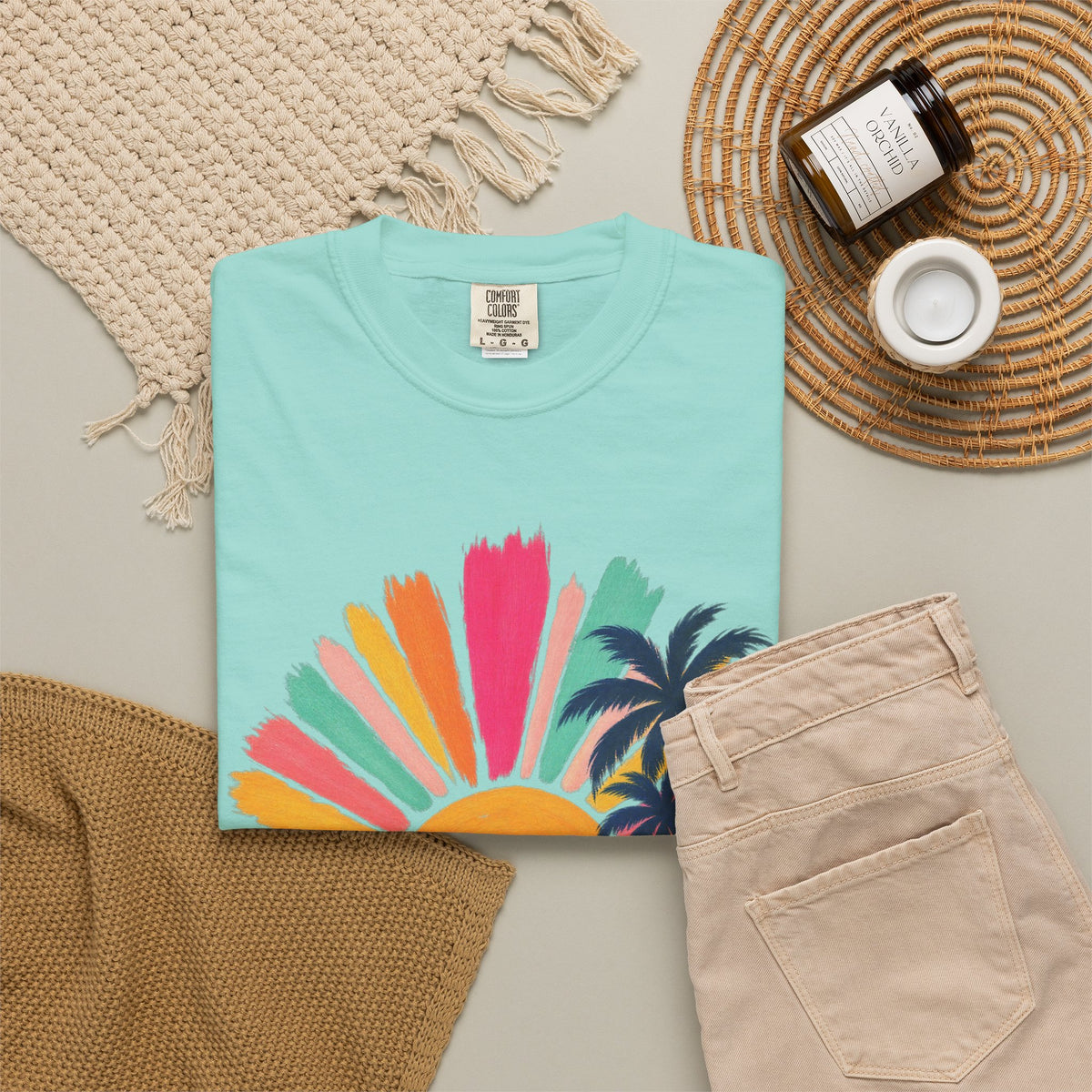 Pastel Sunrise Palm Shirt | Retro Sun Rays Beach Tee | Comfort Colors T-Shirt