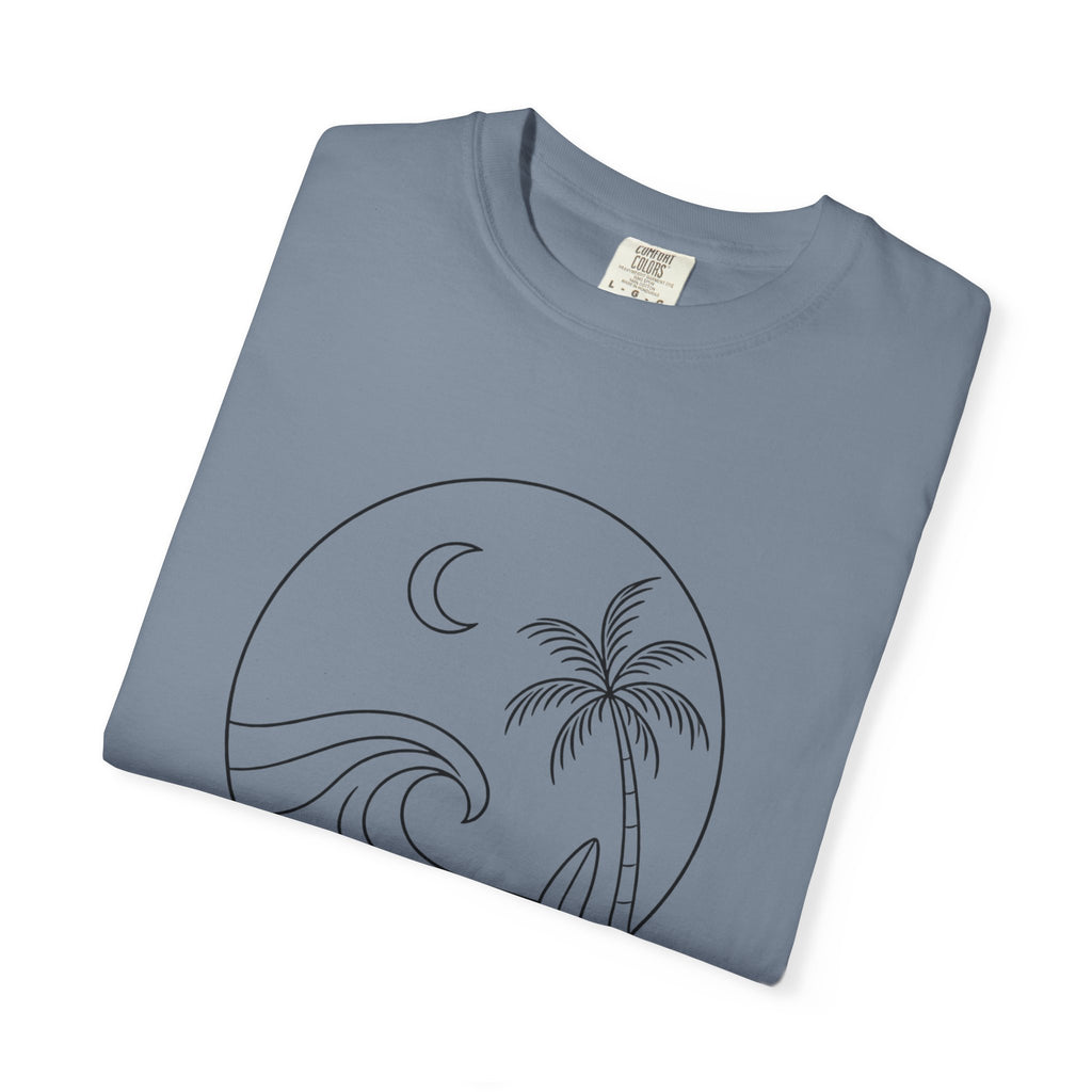 Moonlit Surf Line Art T-Shirt | Palm Tree Wave Circle Design