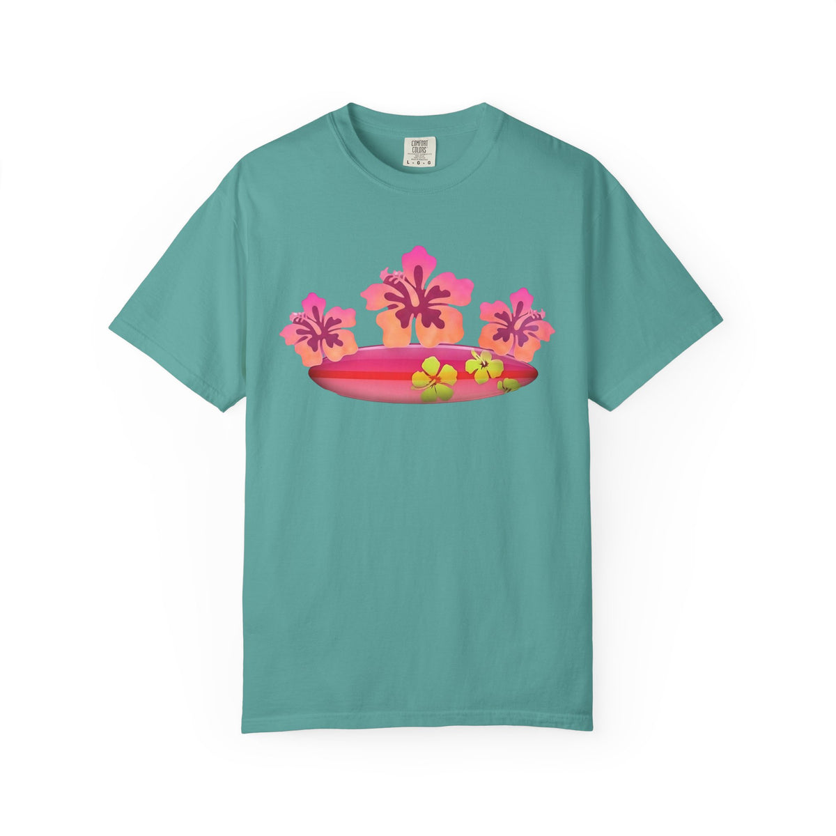 Hibiscus Surfboard Tee | Pink Hibiscus Surf Shirt | Tropical Surfer Girl T-Shirt | Comfort Colors