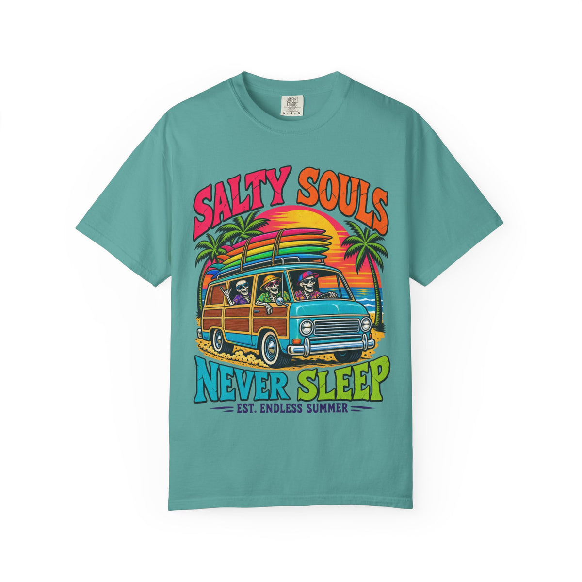 Salty Souls Never Sleep Tee | Skeleton Surf Van Shirt | Funny Retro Surf T-Shirt | Comfort Colors