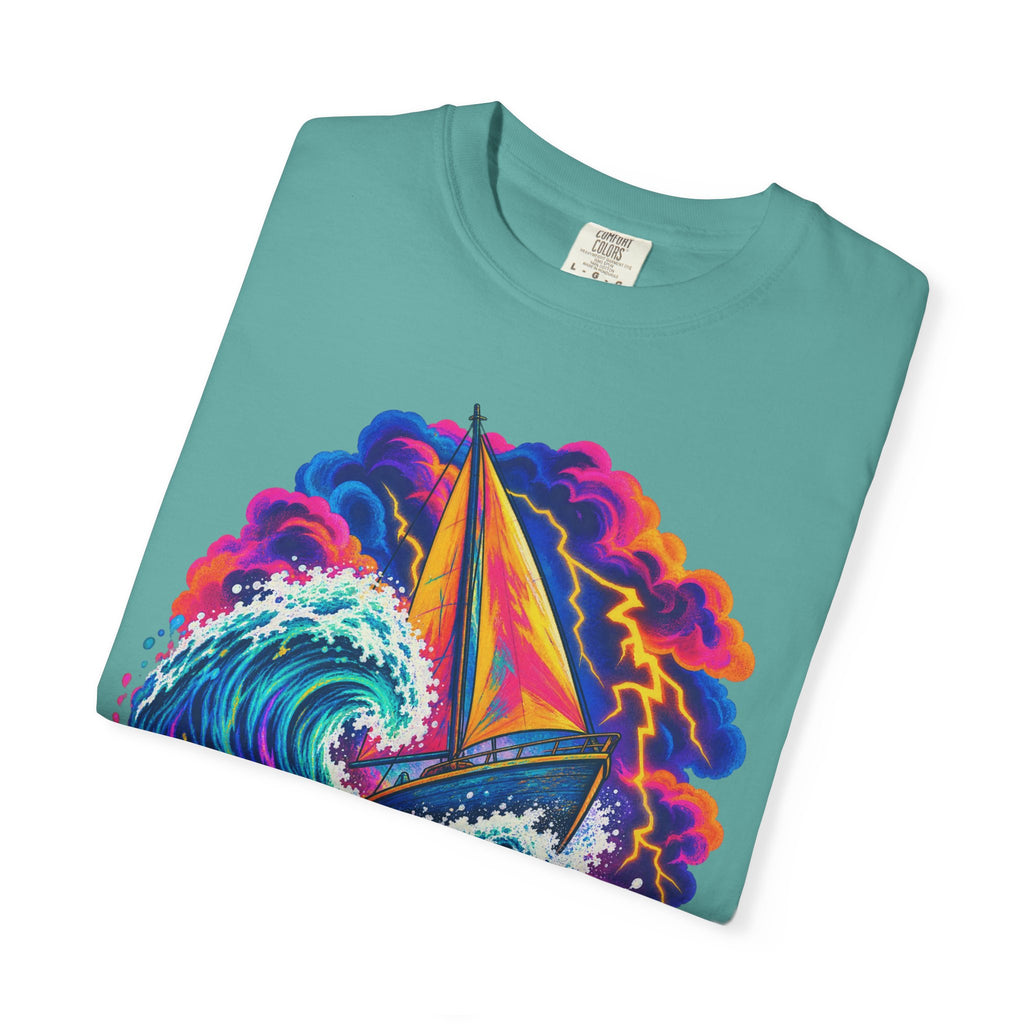 Ride The Storm Tee | Sailboat Big Wave Shirt | Bold Ocean Art T-Shirt | Comfort Colors