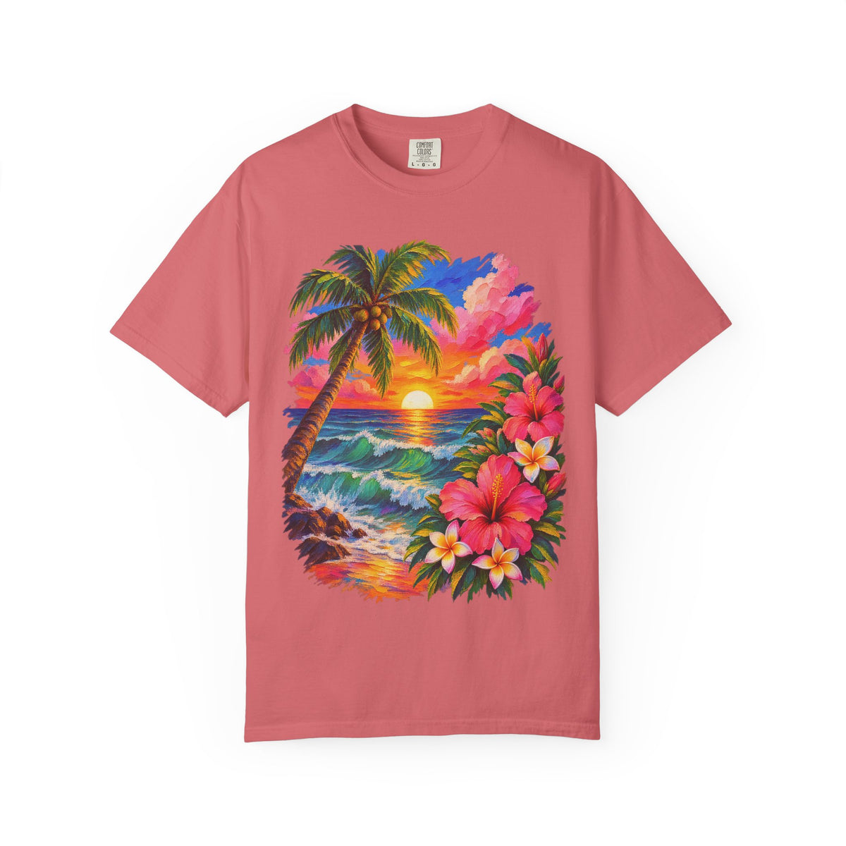 Hibiscus Sunset Ocean Shirt | Painted Tropical Seascape Tee | Comfort Colors T-Shirt