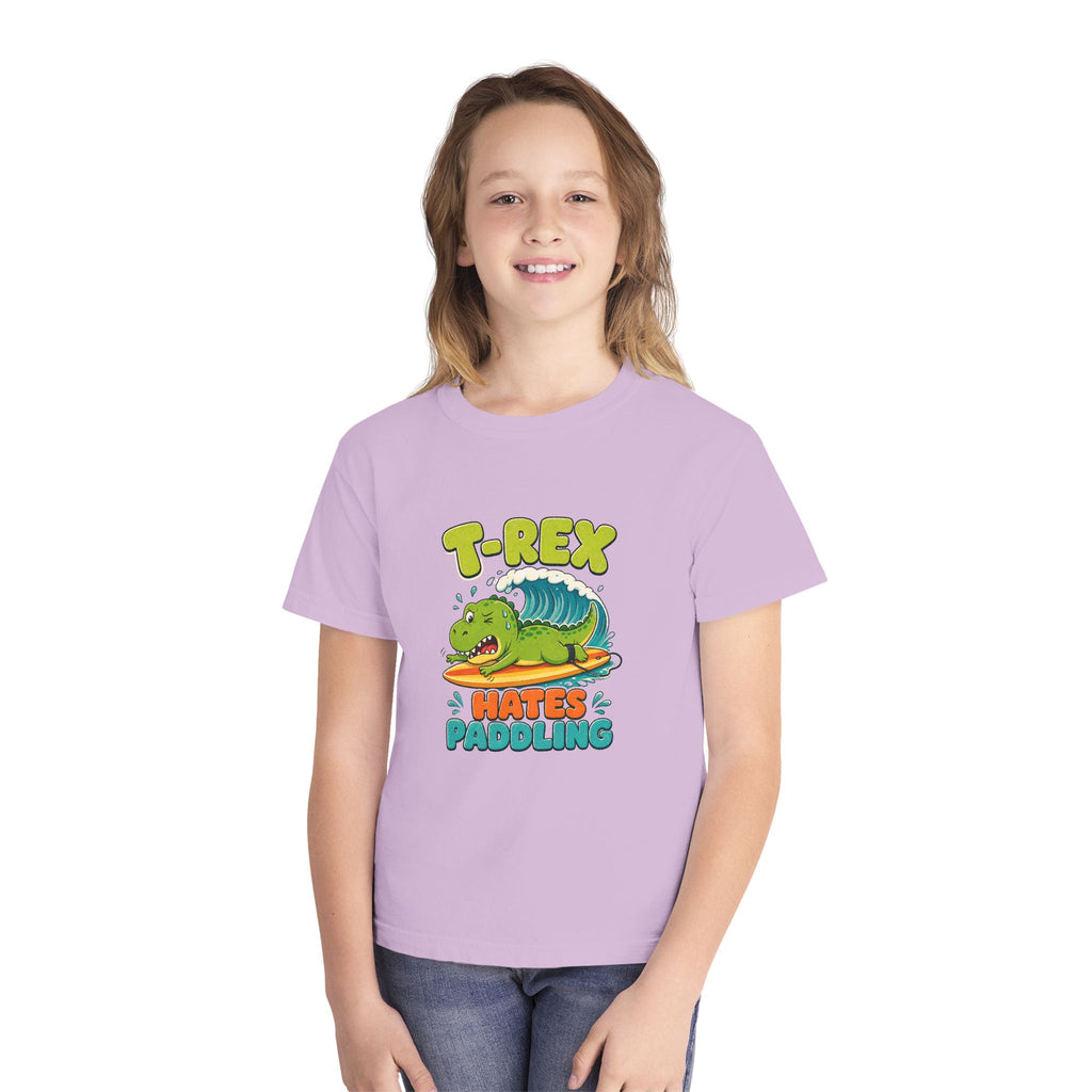 T-Rex Hates Paddling Kids Tee | Funny Dinosaur Kids Shirt | Youth Beach T-Shirt | Surf Kid Gift