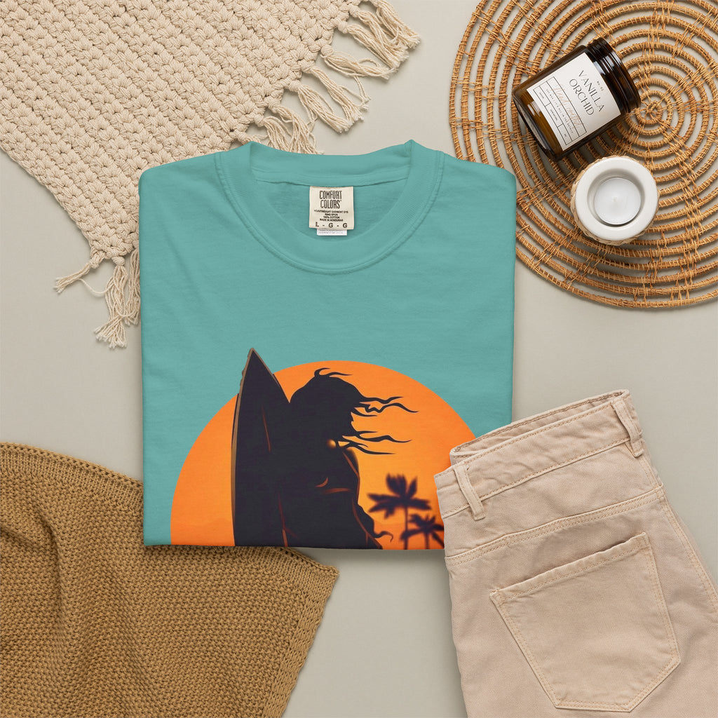 Sunset Surf Girl Tee | Retro Surfer Silhouette Shirt | Palm Tree Sunset Beach T-Shirt | Comfort Colors