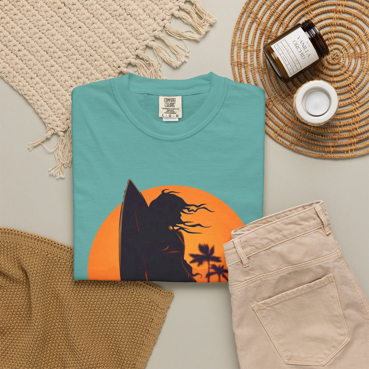 Sunset Surf Girl Tee | Retro Surfer Silhouette Shirt | Palm Tree Sunset Beach T-Shirt | Comfort Colors
