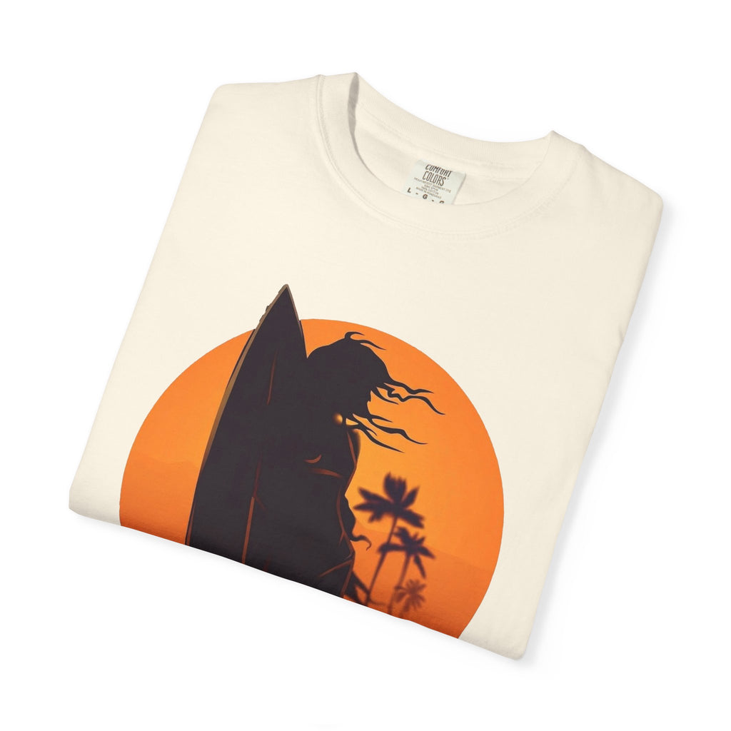 Sunset Surf Girl Tee | Retro Surfer Silhouette Shirt | Palm Tree Sunset Beach T-Shirt | Comfort Colors