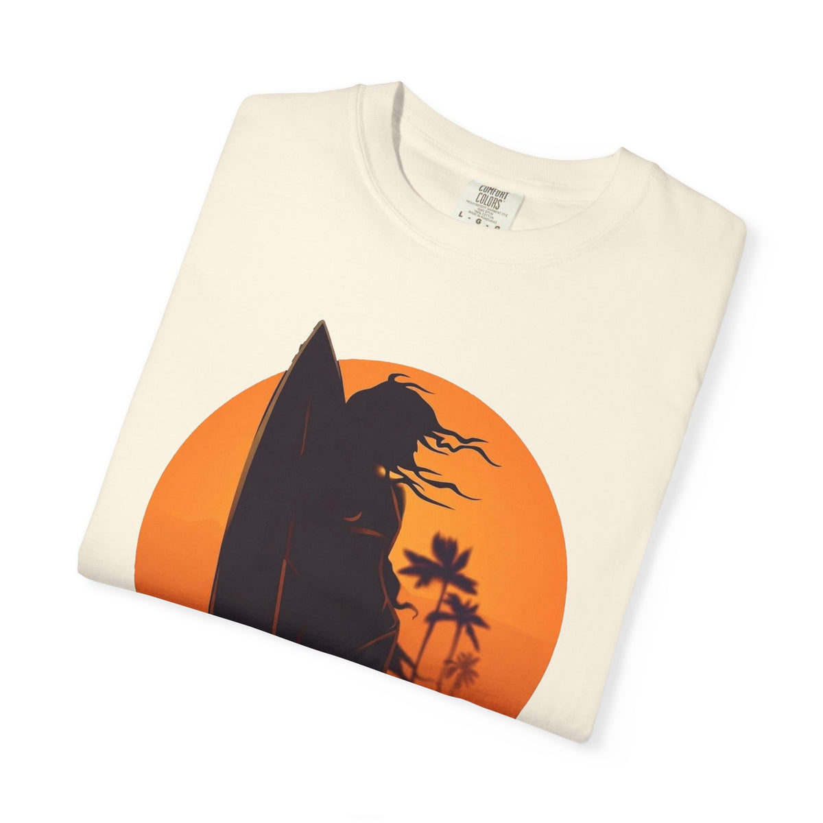 Sunset Surf Girl Tee | Retro Surfer Silhouette Shirt | Palm Tree Sunset Beach T-Shirt | Comfort Colors