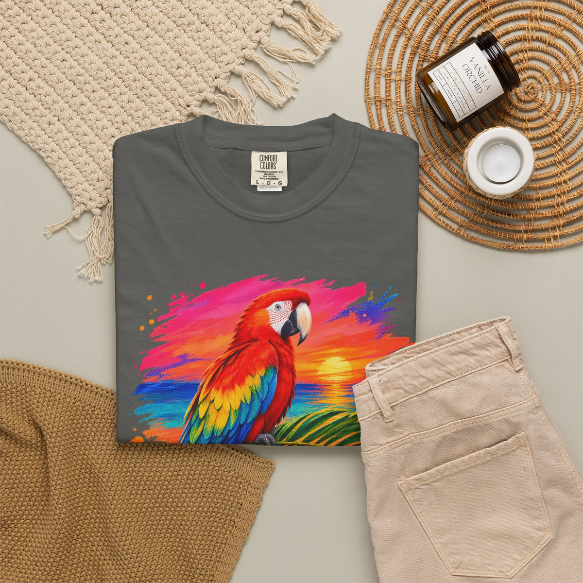 Macaw Parrot Sunset Shirt | Tropical Bird Hibiscus Tee | Comfort Colors T-Shirt