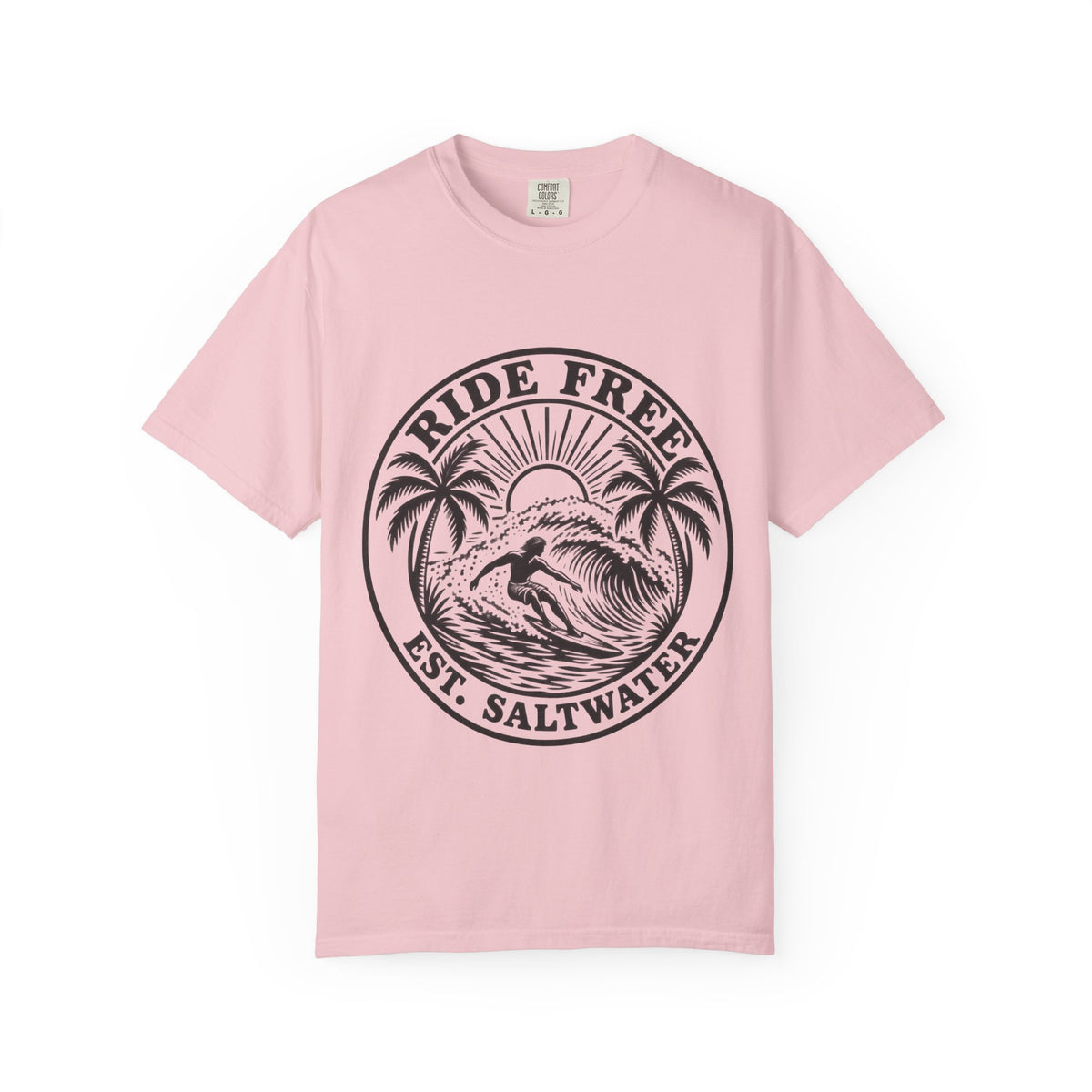 Ride Free Woodcut Surf Shirt | Est Saltwater Badge Tee | Comfort Colors T-Shirt